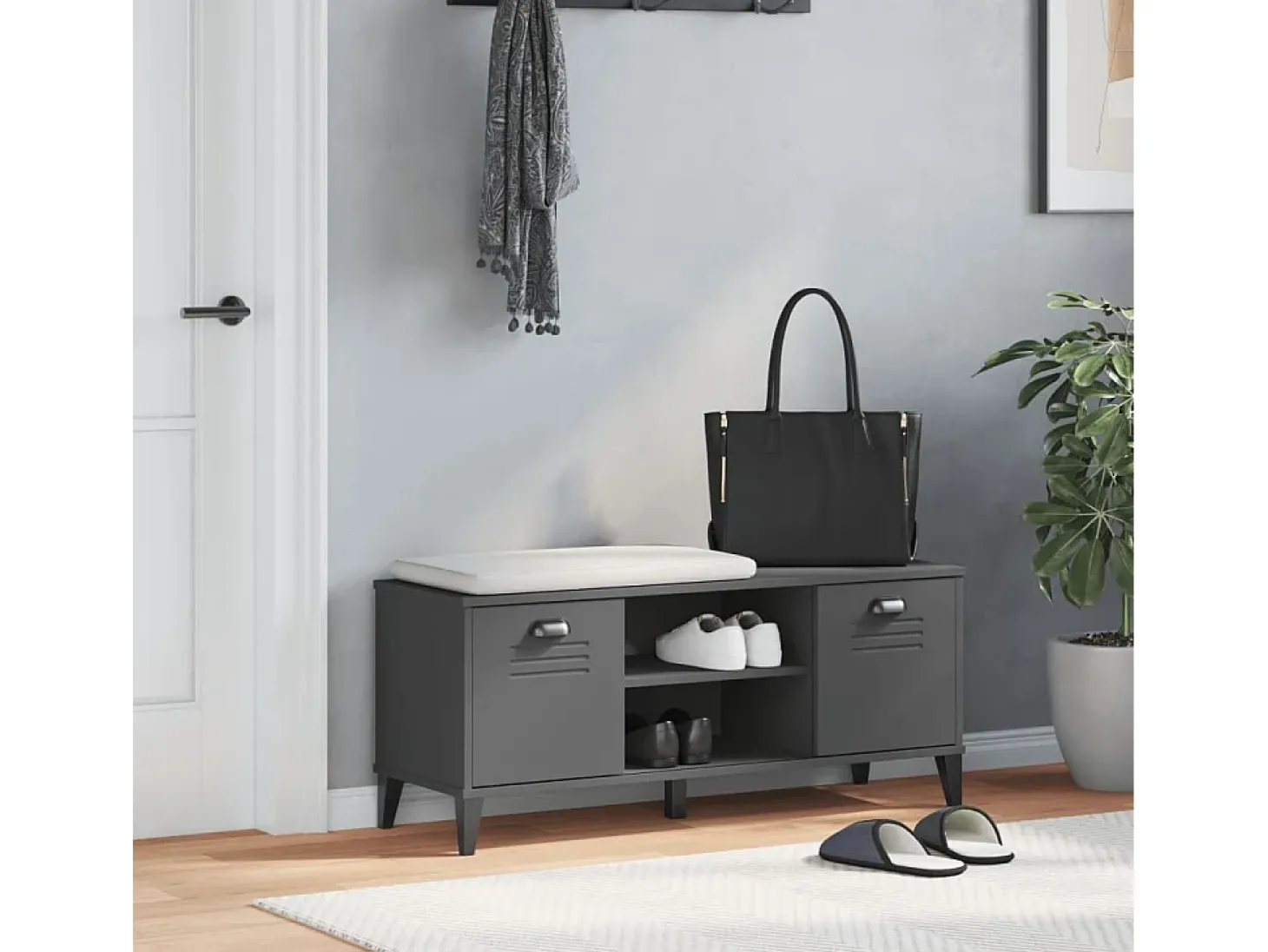 Banco zapatero de madera maciza de pino color gris antracita