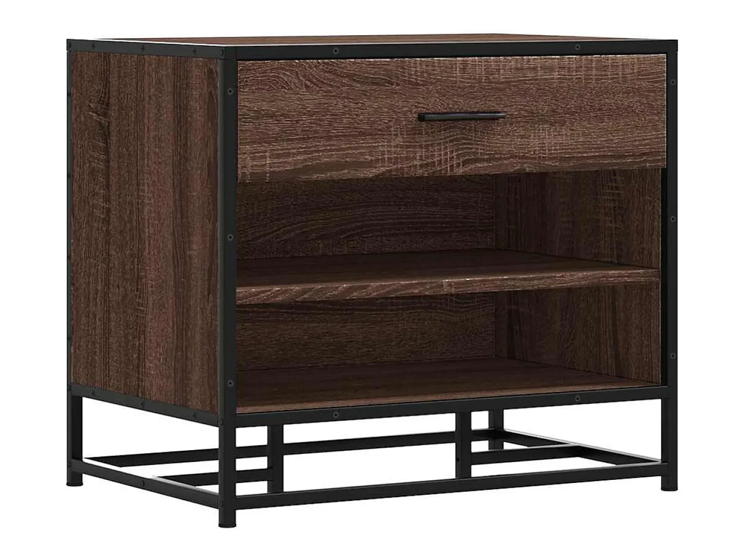 Banco zapatero de roble marrón fabricado con madera de ingeniería y metal.