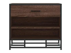 Banco zapatero de roble marrón fabricado con madera de ingeniería y metal.