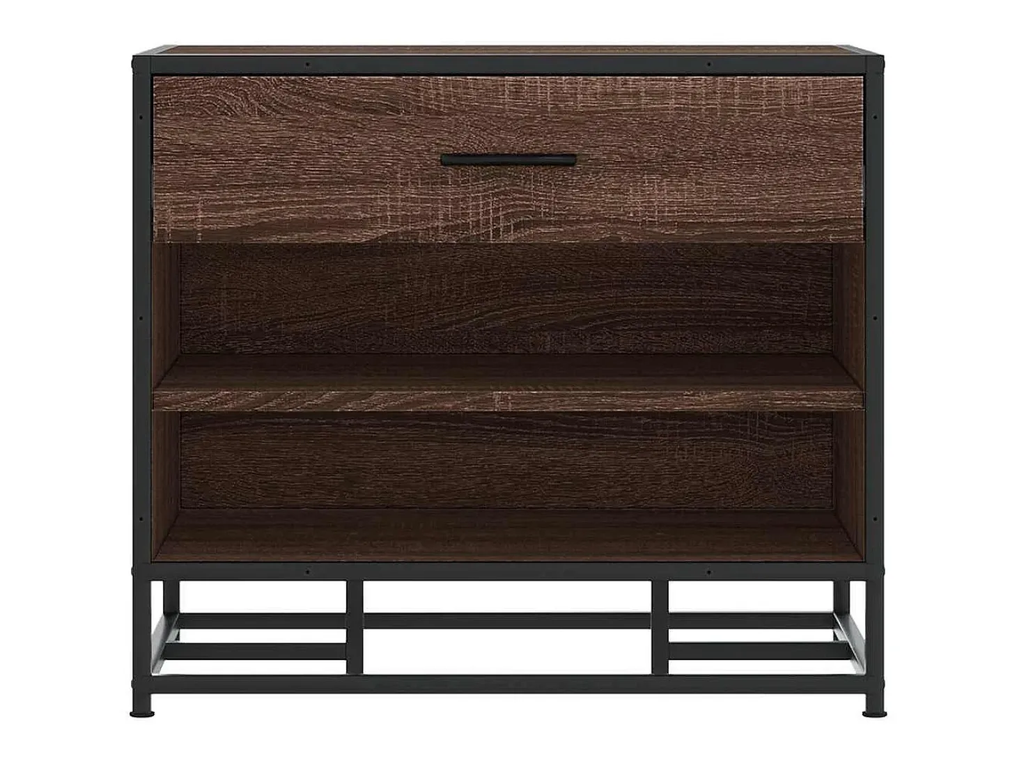 Banco zapatero de roble marrón fabricado con madera de ingeniería y metal.