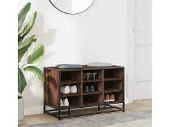 Banco zapatero de roble marrón fabricado con madera de ingeniería y metal.