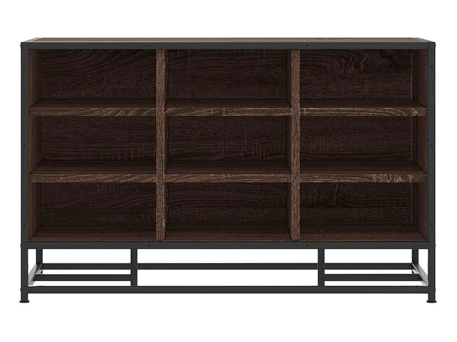 Banco zapatero de roble marrón fabricado con madera de ingeniería y metal.