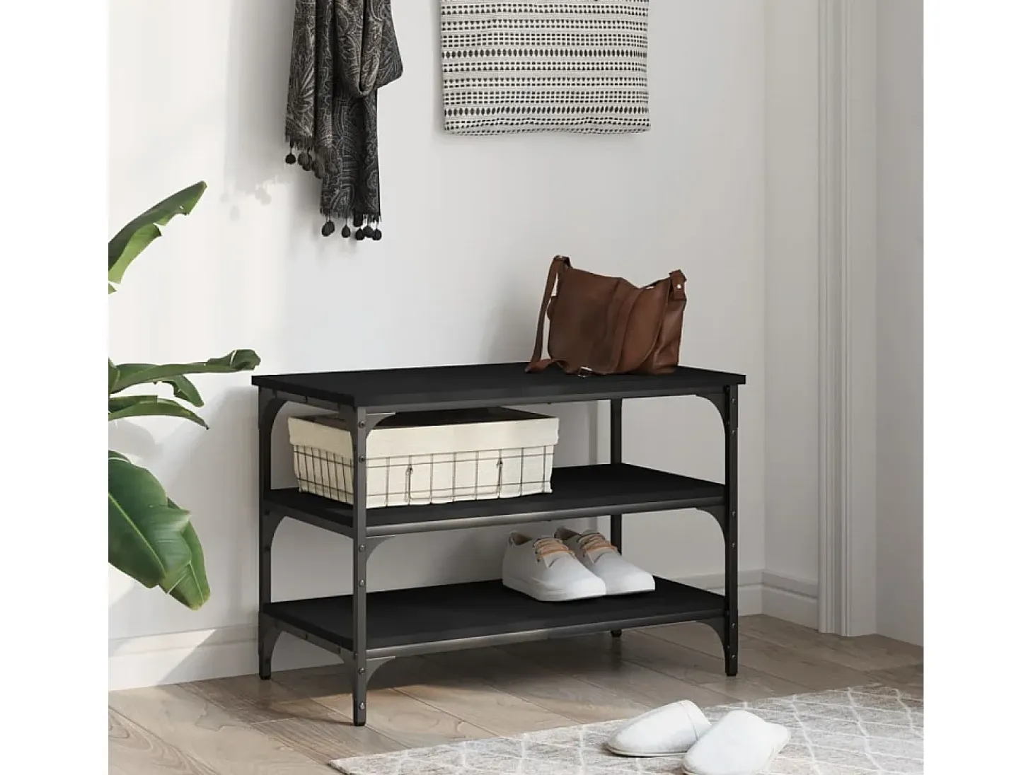Banco zapatero madera de ingeniería negro 70x38,5x49 cm ES752202