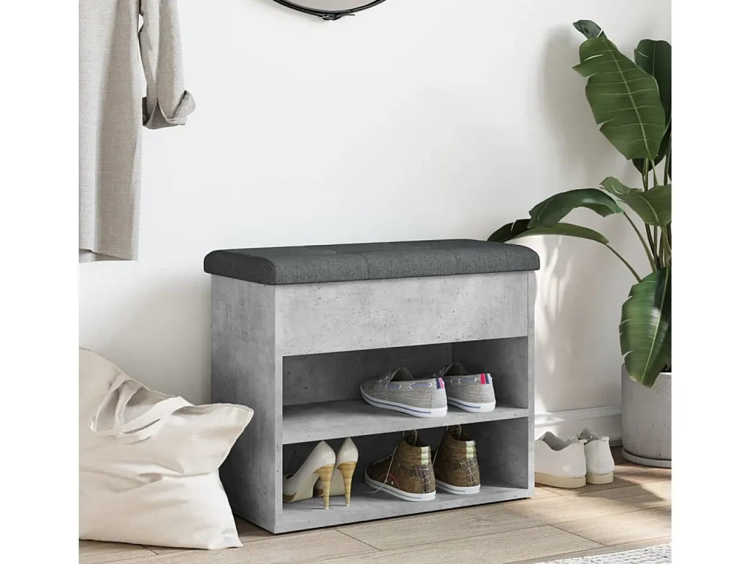 Banco zapatero madera de ingeniería gris hormigón 62x32x50 cm ES670011
