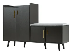 Banco zapatero moderno con 4 puertas y cojín - patas y tiradores de metal - color negro - 120 x 34 x 82 cm