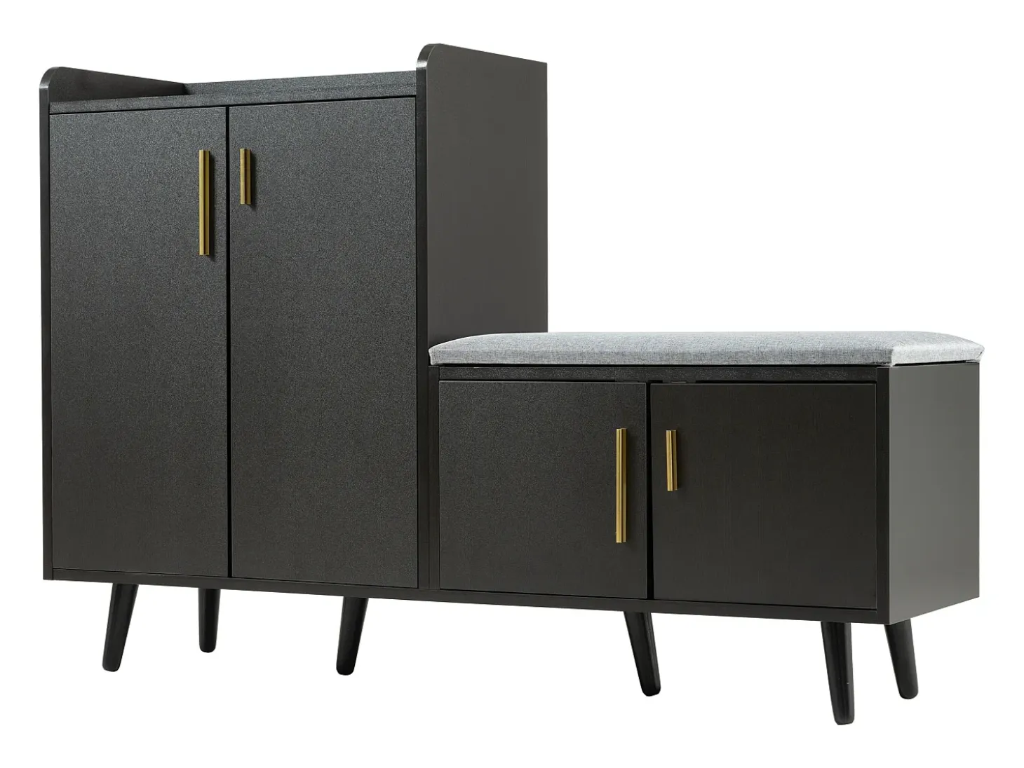 Banco zapatero moderno con 4 puertas y cojín - patas y tiradores de metal - color negro - 120 x 34 x 82 cm