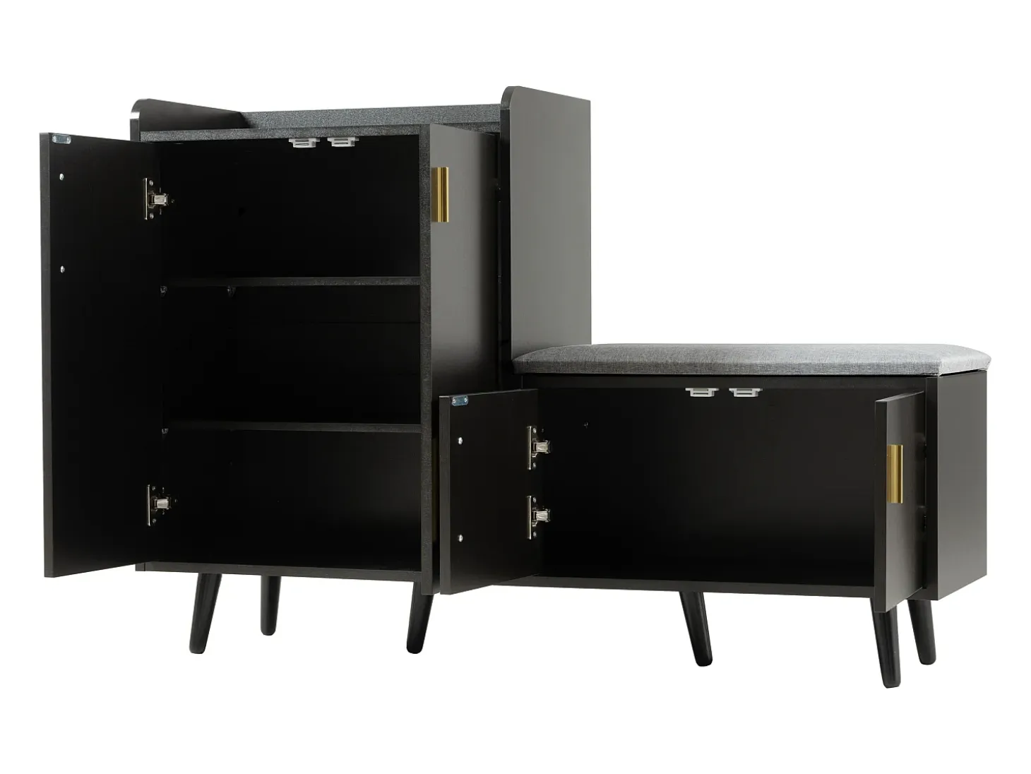 Banco zapatero moderno con 4 puertas y cojín - patas y tiradores de metal - color negro - 120 x 34 x 82 cm