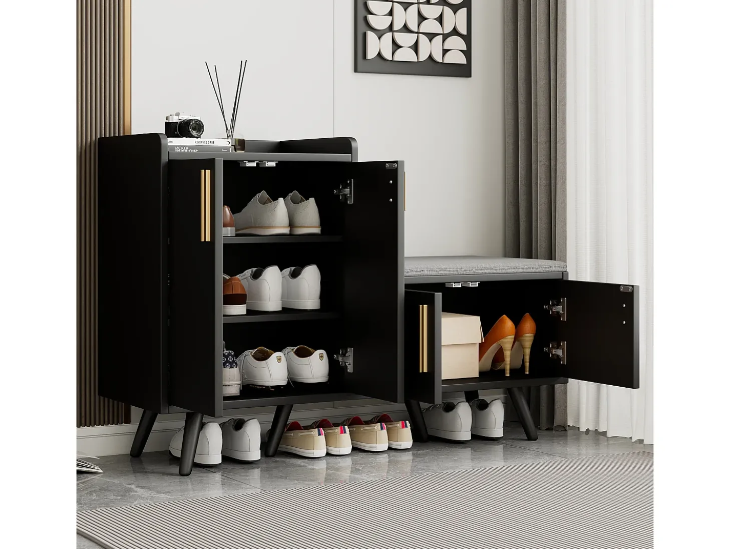 Banco zapatero moderno con 4 puertas y cojín - patas y tiradores de metal - color negro - 120 x 34 x 82 cm