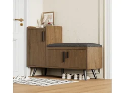 Banco zapatero moderno con 3 puertas y cojín - patas y tiradores de metal - color natural - 100 x 34 x 69 cm