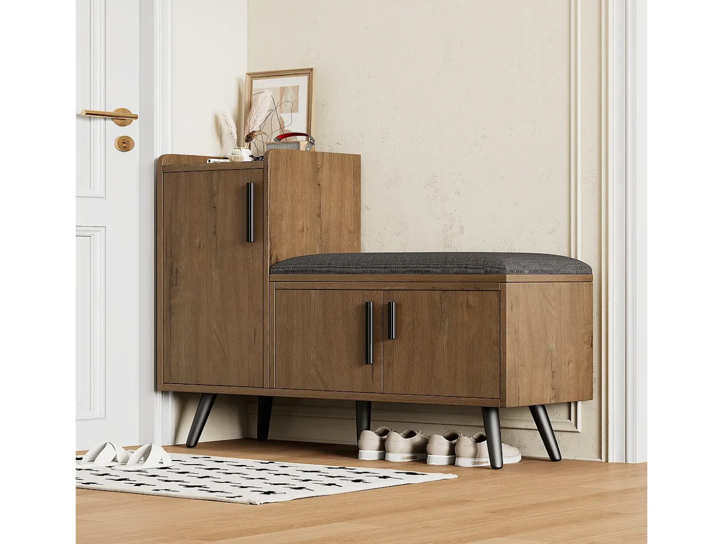 Banco zapatero moderno con 3 puertas y cojín - patas y tiradores de metal - color natural - 100 x 34 x 69 cm