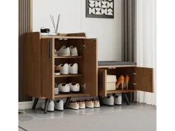 Banco zapatero moderno con 4 puertas y cojín - patas y tiradores de metal - color natural - 120 x 34 x 82 cm