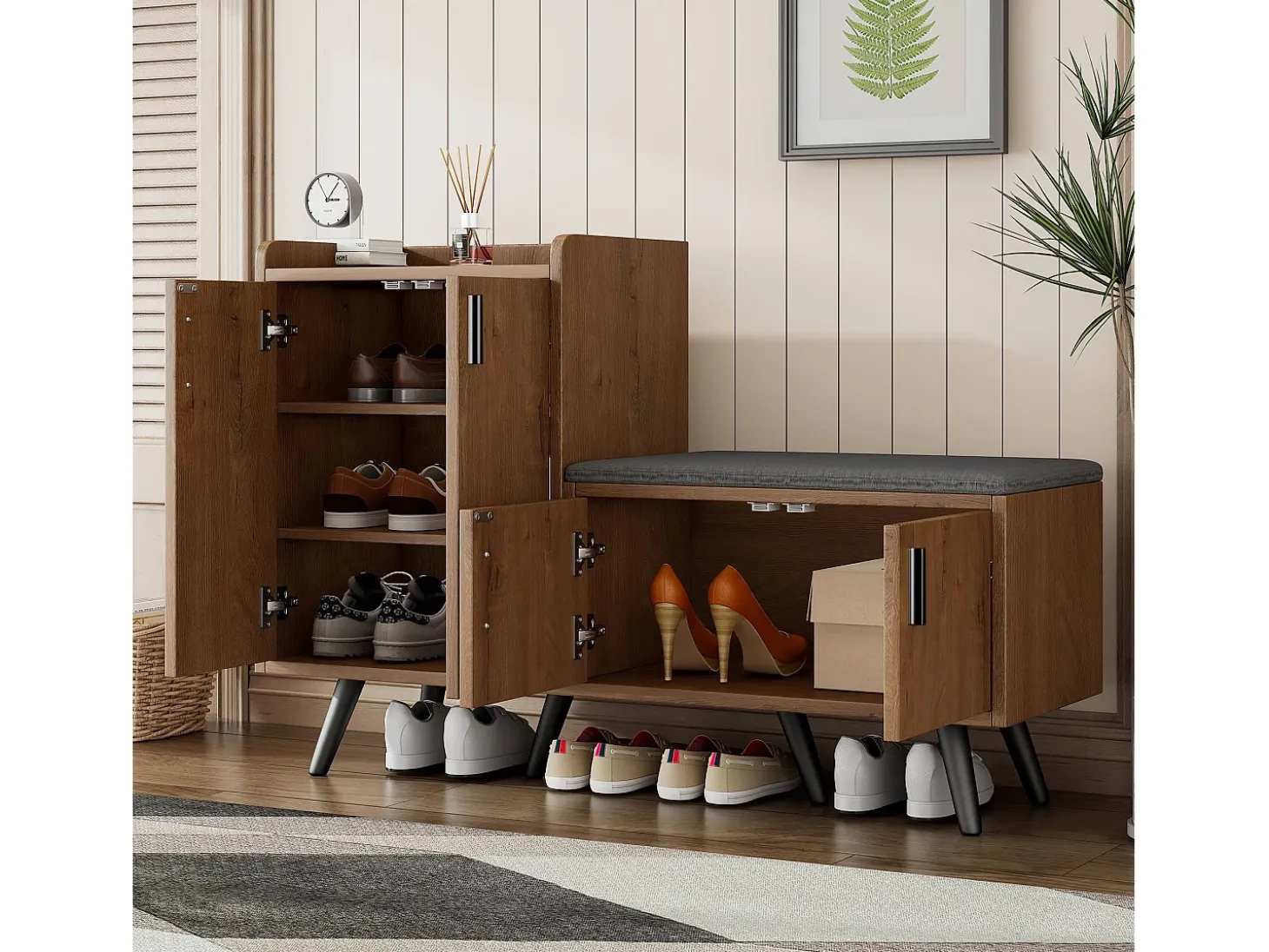 Banco zapatero moderno con 4 puertas y cojín - patas y tiradores de metal - color natural - 120 x 34 x 82 cm