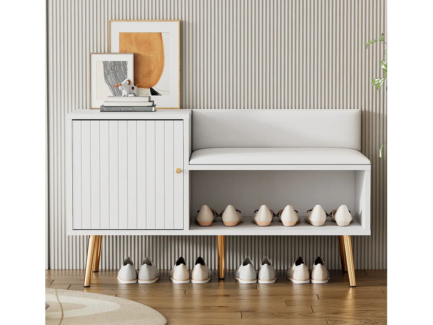 Banco zapatero moderno con 3 puertas y cojín - patas y tiradores de metal - color blanco - 100 x 38 x 58 cm