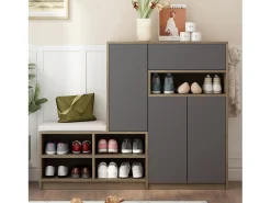 Banco zapatero multifuncional con cojín, estantes ajustables, 2 cajones, 2 puertas, espacio de almacenamiento en la entrada, gris (140x35x110 cm)