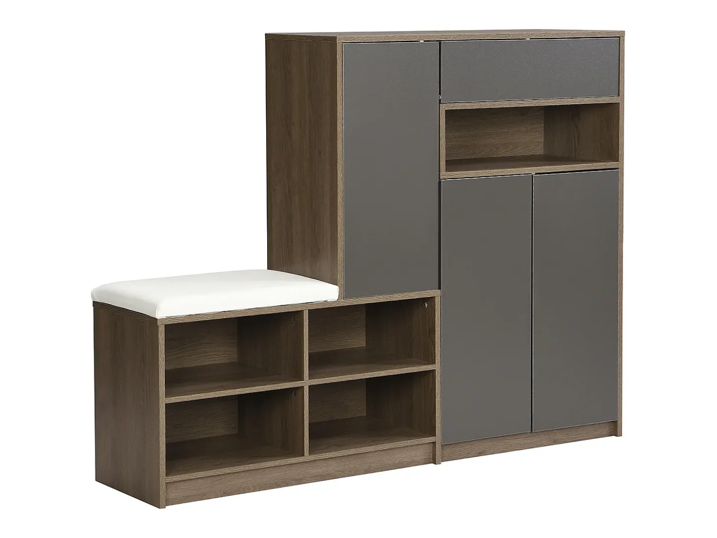Banco zapatero multifuncional con cojín, estantes ajustables, 2 cajones, 2 puertas, espacio de almacenamiento en la entrada, gris (140x35x110 cm)
