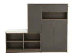 Banco zapatero multifuncional con cojín, estantes ajustables, 2 cajones, 2 puertas, espacio de almacenamiento en la entrada, gris (140x35x110 cm)