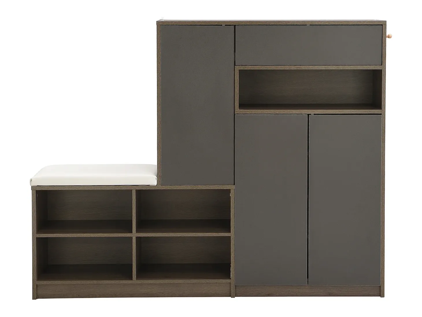 Banco zapatero multifuncional con cojín, estantes ajustables, 2 cajones, 2 puertas, espacio de almacenamiento en la entrada, gris (140x35x110 cm)