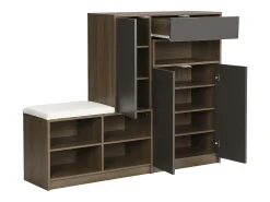 Banco zapatero multifuncional con cojín, estantes ajustables, 2 cajones, 2 puertas, espacio de almacenamiento en la entrada, gris (140x35x110 cm)