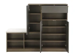 Banco zapatero multifuncional con cojín, estantes ajustables, 2 cajones, 2 puertas, espacio de almacenamiento en la entrada, gris (140x35x110 cm)