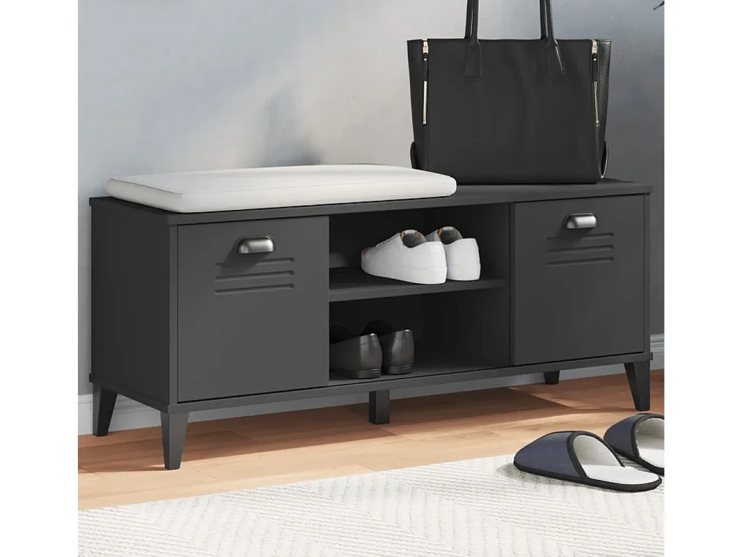 Banco zapatero negro 106x35x45 cm madera maciza de pino