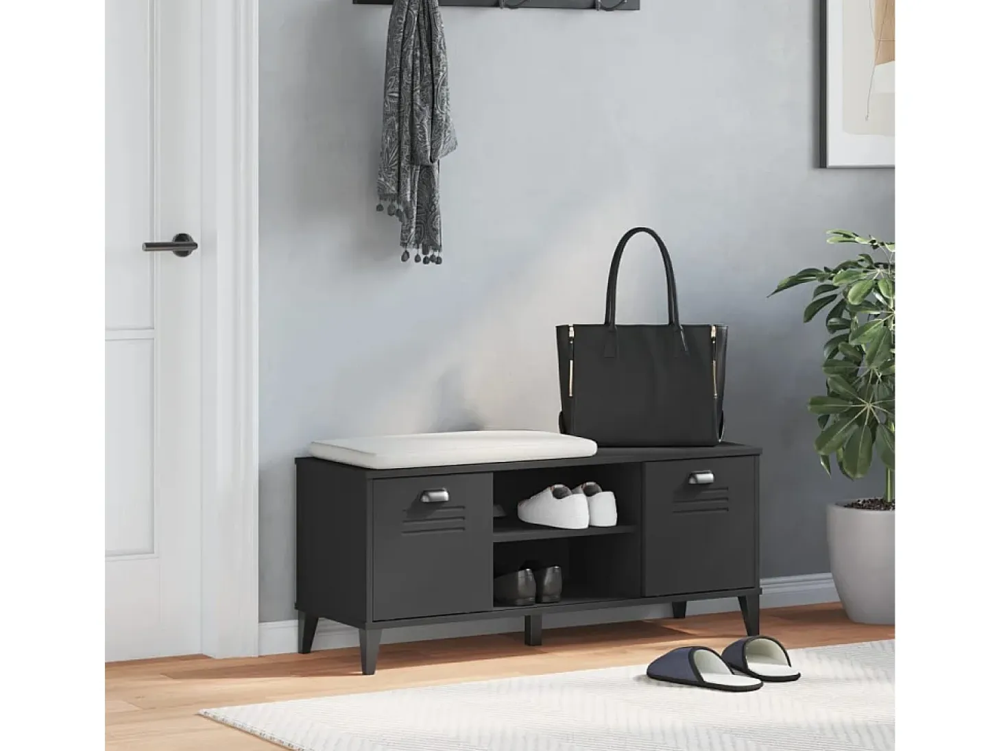Banco zapatero negro 106x35x45 cm madera maciza de pino