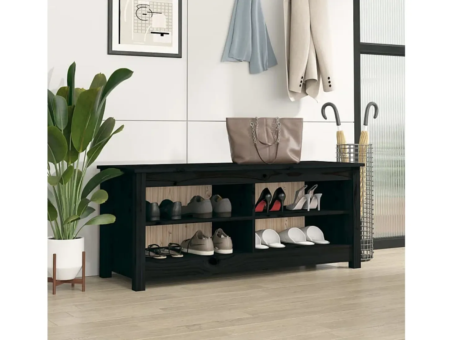 Banco zapatero negro 110x38x45,5 cm Madera maciza de pino