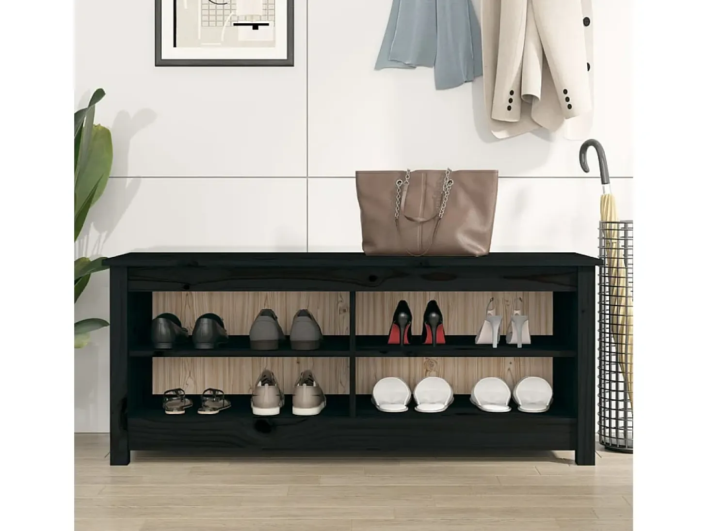 Banco zapatero negro 110x38x45,5 cm Madera maciza de pino