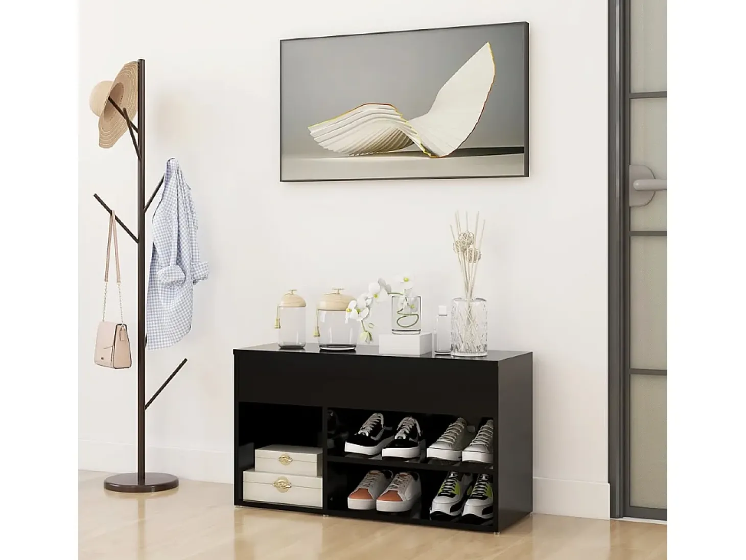 Banco zapatero negro 80x30x45 cm Madera de ingeniería
