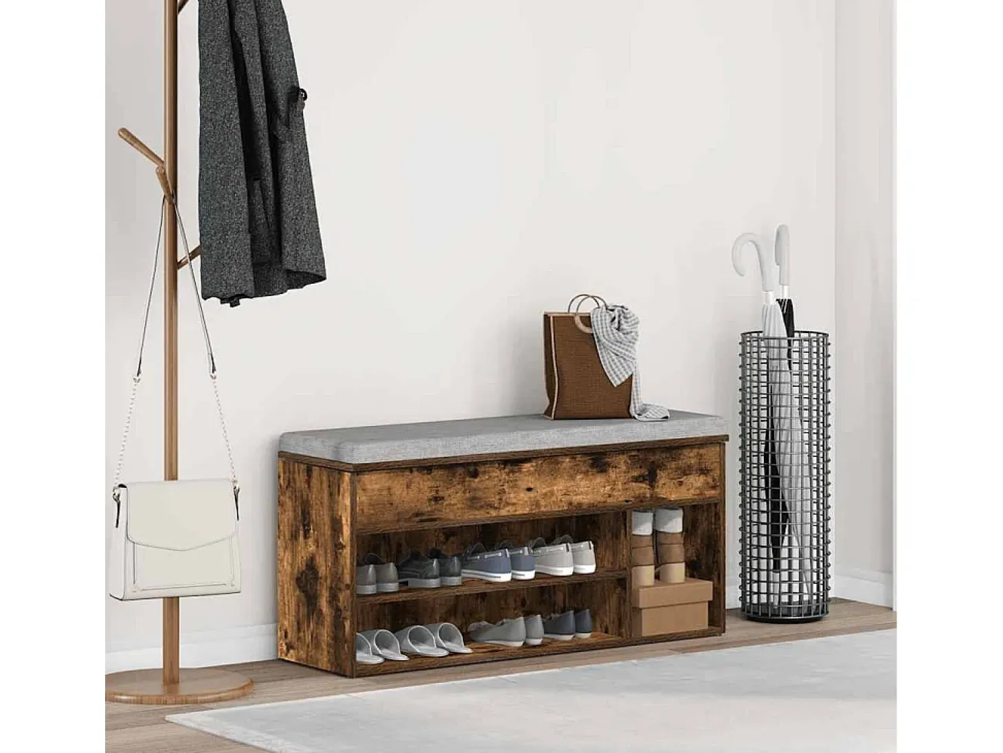 Banco zapatero roble ahumado 102x30,5x45 cm madera de ingeniería
