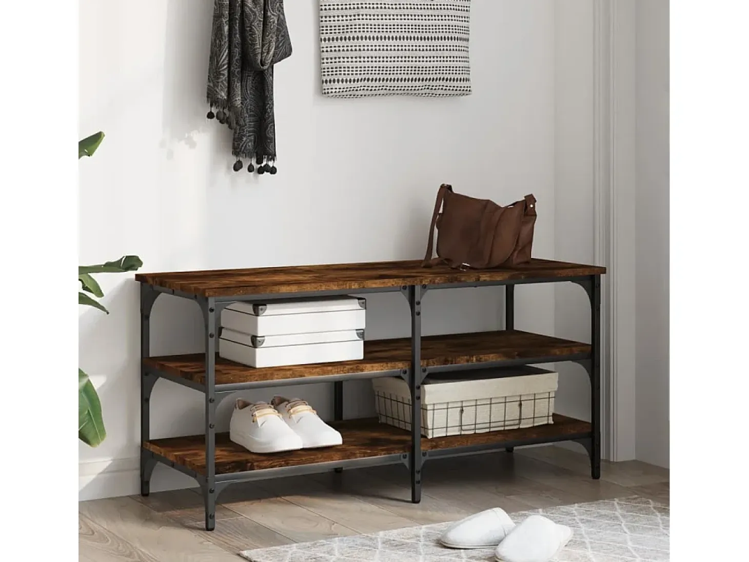 Banco zapatero roble ahumado 100x38,5x49 cm madera de ingeniería