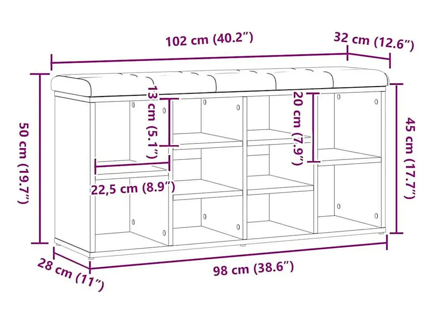 Banco zapatero roble craft 102x32x50cm madera de ingeniería