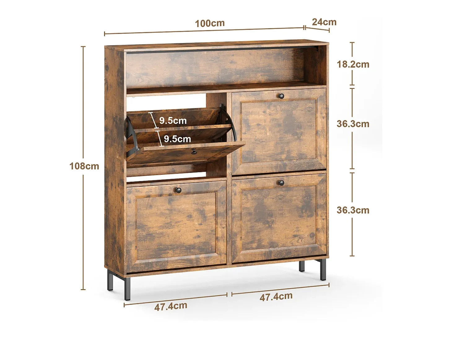 Bealife Mueble zapatero con 4 puertas abatibles y 1 hueco – 100x24x108 cm, Marrón – Estantes regulables, gran capacidad de almacenamiento para todos sus zapatos