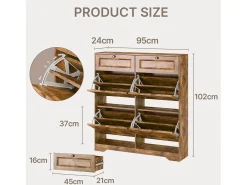 Bealife Mueble zapatero con 4 puertas abatibles y 2 cajones – 95x24x102 cm, Marrón – Estantes regulables en altura – Mueble zapatero espacioso y funcional