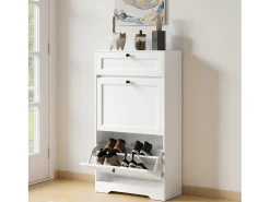 Bealife Mueble zapatero con 2 puertas abatibles y 1 cajón – 58x24x102 cm, Blanco – Estantes regulables en altura, Zapatero moderno y funcional