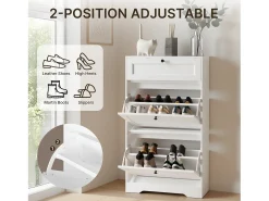 Bealife Mueble zapatero con 2 puertas abatibles y 1 cajón – 58x24x102 cm, Blanco – Estantes regulables en altura, Zapatero moderno y funcional