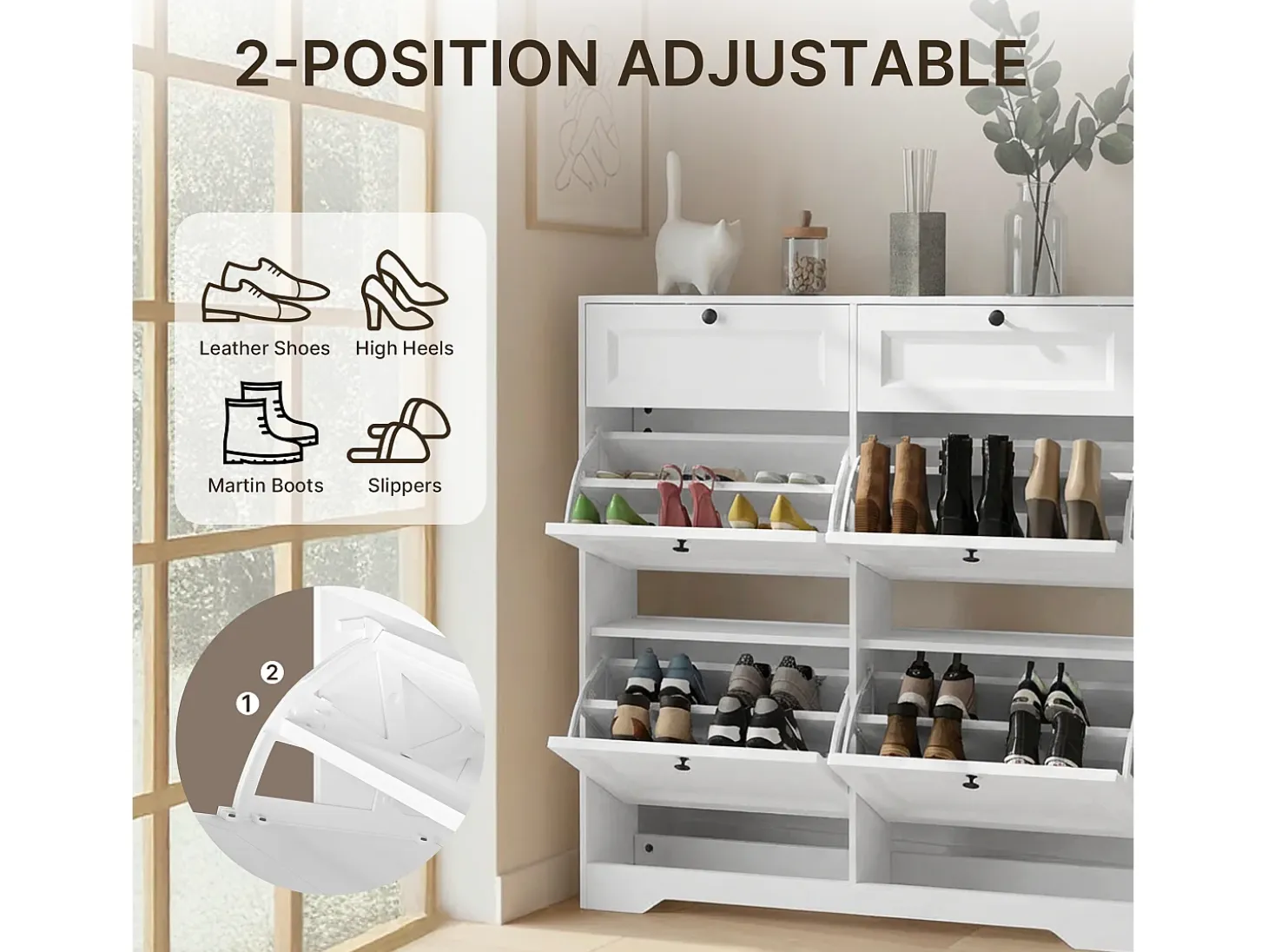 Bealife Mueble zapatero con 4 puertas abatibles y 2 cajones – 95x24x102 cm, Blanco – Estantes regulables en altura – Mueble zapatero espacioso y funcional