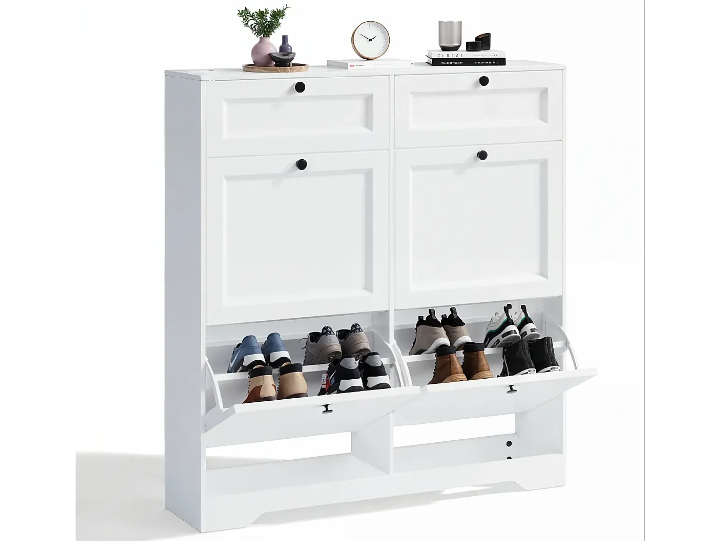 Bealife Mueble zapatero con 4 puertas abatibles y 2 cajones – 95x24x102 cm, Blanco – Estantes regulables en altura – Mueble zapatero espacioso y funcional