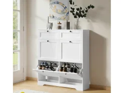 Bealife Mueble zapatero con 4 puertas abatibles y 2 cajones – 95x24x102 cm, Blanco – Estantes regulables en altura – Mueble zapatero espacioso y funcional