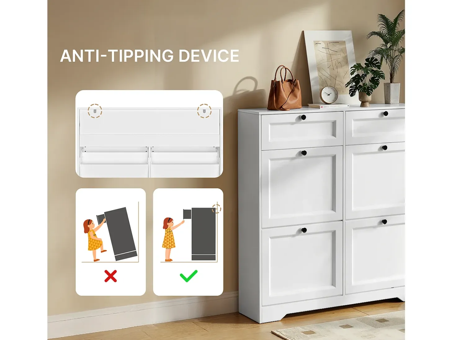 Bealife Mueble zapatero con 4 puertas abatibles y 2 cajones – 95x24x102 cm, Blanco – Estantes regulables en altura – Mueble zapatero espacioso y funcional