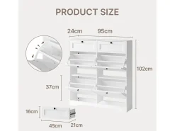 Bealife Mueble zapatero con 4 puertas abatibles y 2 cajones – 95x24x102 cm, Blanco – Estantes regulables en altura – Mueble zapatero espacioso y funcional