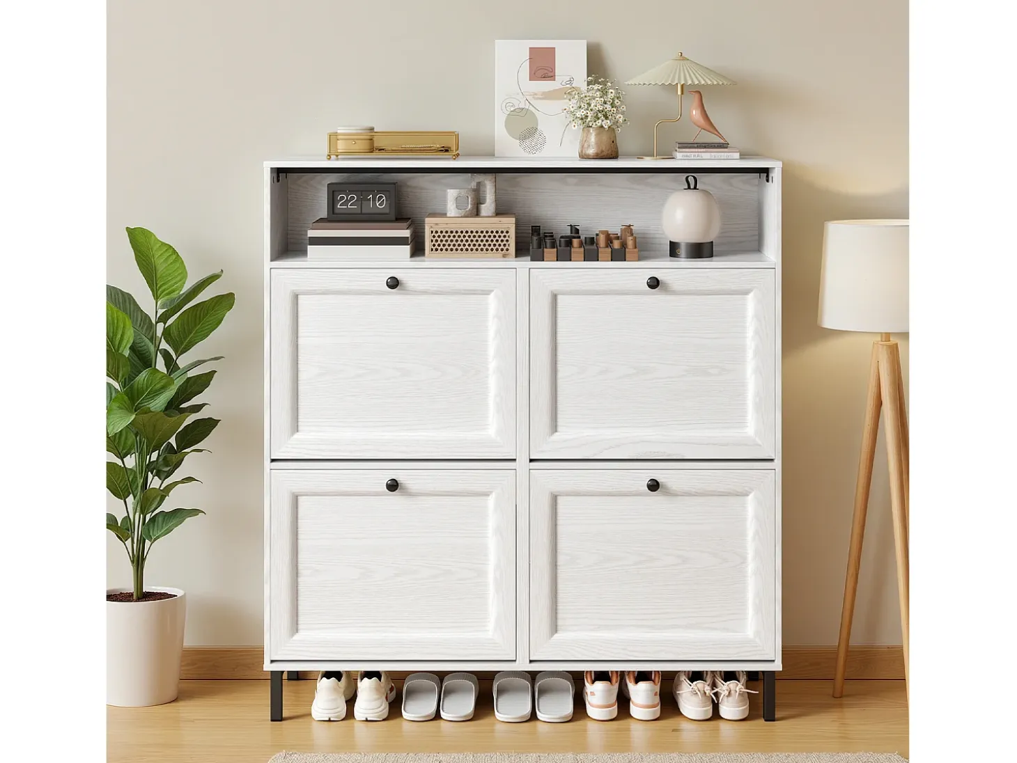 Bealife Mueble zapatero con 4 puertas abatibles y 1 hueco – 100x24x108 cm, Blanco – Estantes regulables en altura, capacidad para numerosos pares de zapatos