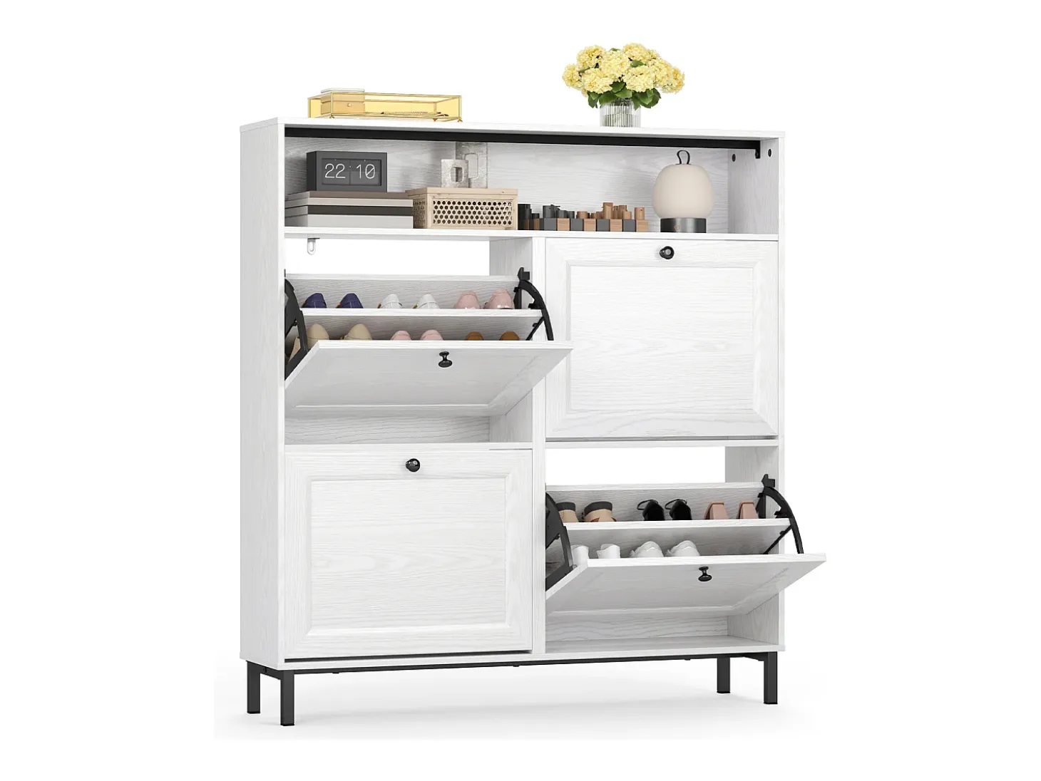 Bealife Mueble zapatero con 4 puertas abatibles y 1 hueco – 100x24x108 cm, Blanco – Estantes regulables en altura, capacidad para numerosos pares de zapatos