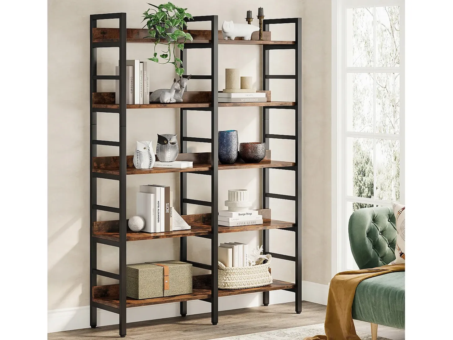 Biblioteca, Estantería de oficina de 5 niveles, Estantería de pie, Biblioteca abierta, Grande, Estilo industrial, 180 x 80 x 30 cm