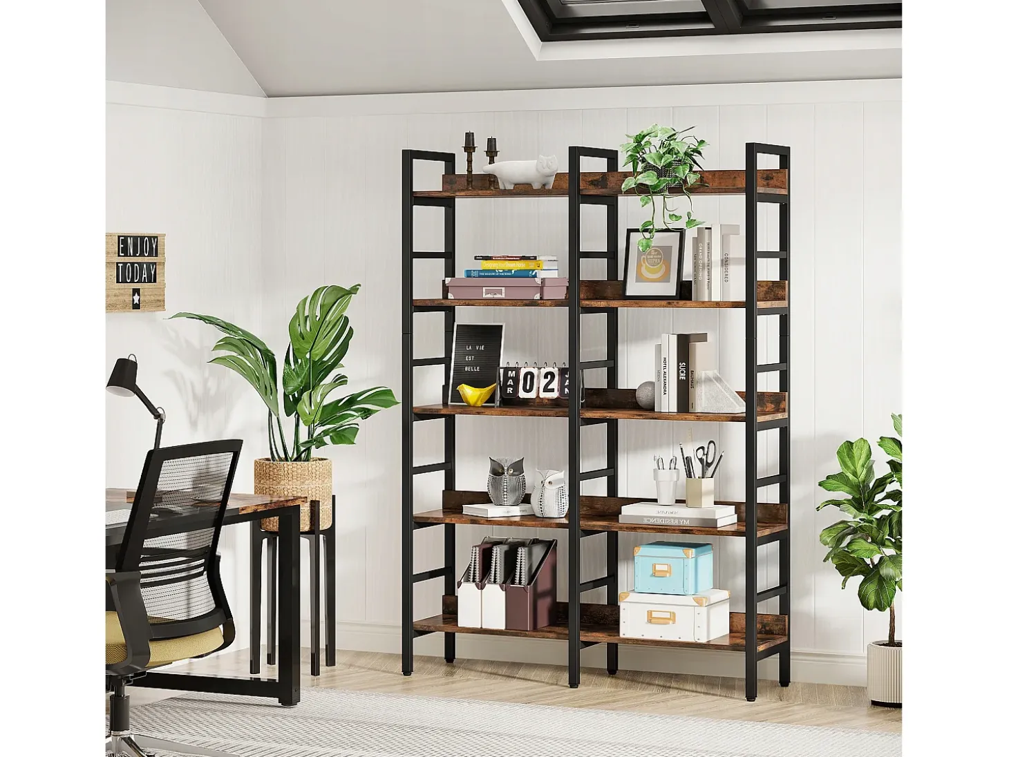 Biblioteca, Estantería de oficina de 5 niveles, Estantería de pie, Biblioteca abierta, Grande, Estilo industrial, 180 x 80 x 30 cm
