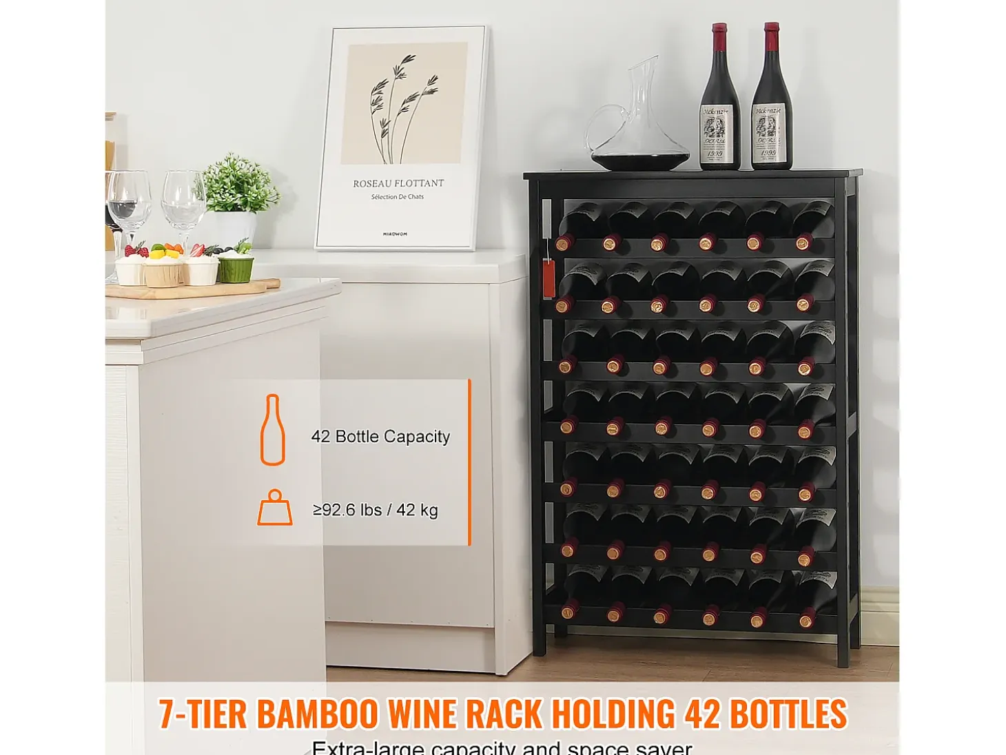 Botellero SucceBuy de Bambú Modular de 7 Niveles para 42 Botellas con Estante de Exhibición de Sobremesa