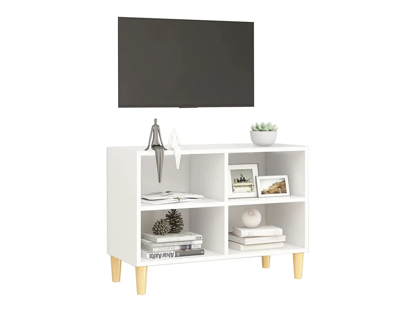 Bridgeville Mueble de TV con patas de madera maciza blanco 69,5x30x50 cm