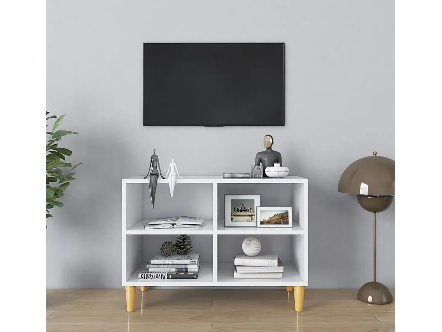 Bridgeville Mueble de TV con patas de madera maciza blanco 69,5x30x50 cm