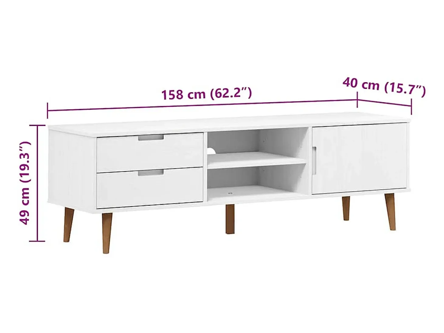 Brila Mueble de TV MOLDE madera maciza de pino blanca 158x40x49 cm
