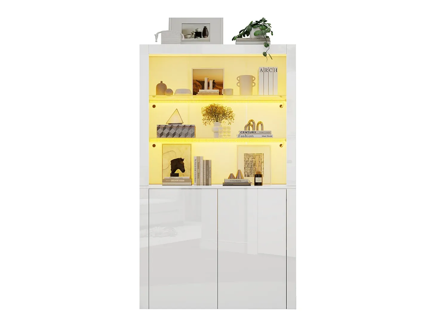 Buffet alto de salón 100x35x170 cm - vitrinas con iluminación LED - tablero de vidrio templado - Blanco