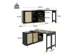 Buffet, barra de cocina giratoria extensible - en MDF - con diversos almacenamientos - Negro